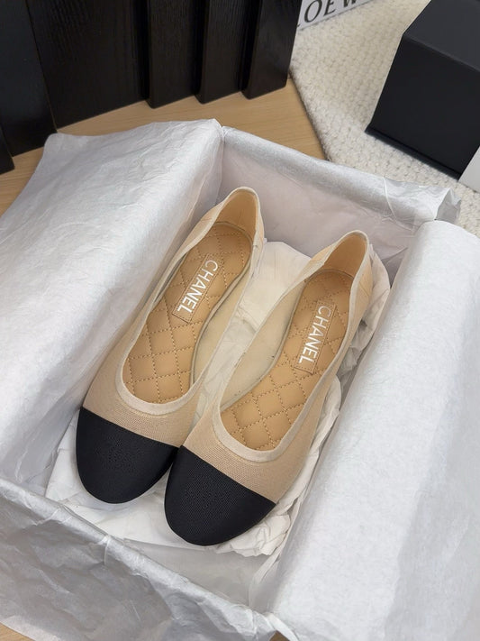 BALLET FLAT IN BLACK FABRIC AND BEIGE MESH - 34