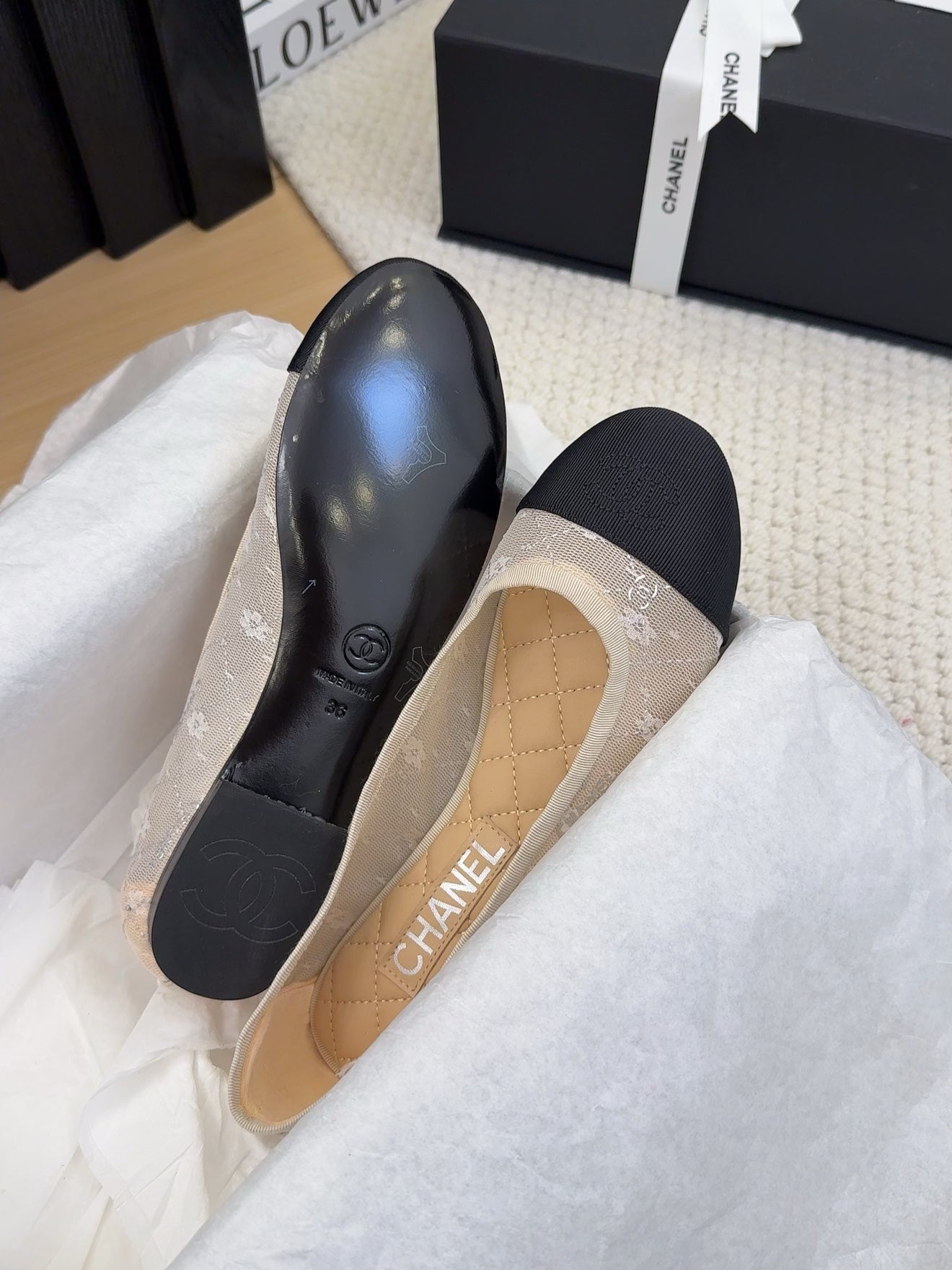 BALLET FLAT IN BLACK FABRIC AND WHITE MESH - 34
