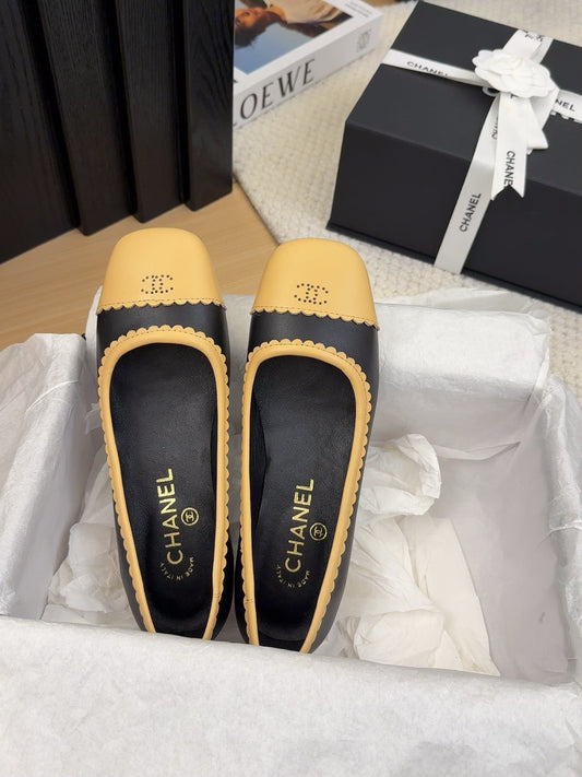 BALLET FLAT IN BLACK MIX PEANUT BROWN CALFSKIN - 34