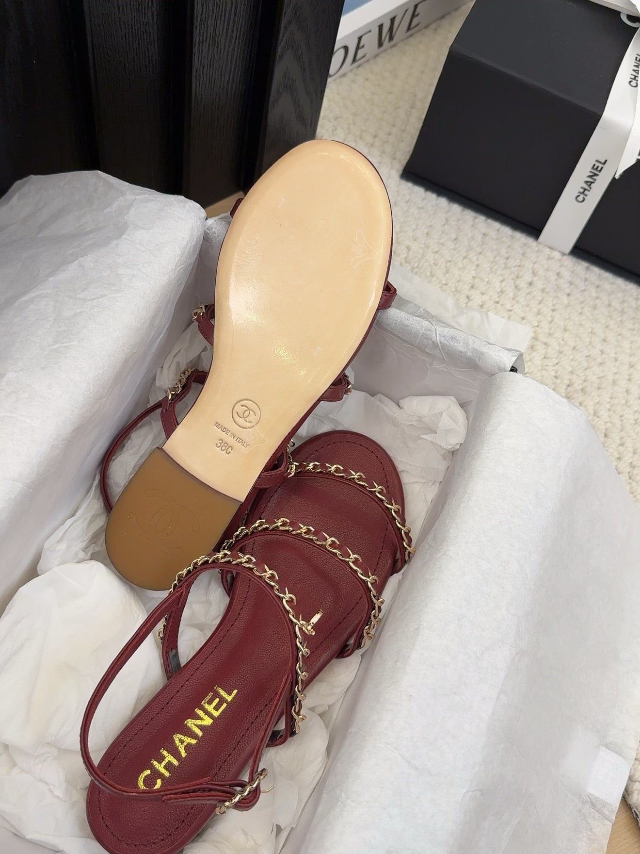 THREE-STRAPS SANDALS IN JAM RED CALFSKIN WITH GOLD HARDWARE - 34