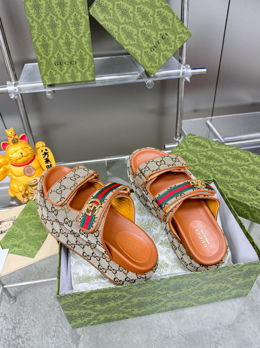 GG SANDALS 22 IN ORANGE CALFSKIN AND BEIGE FABRIC WITH GOLD HARDWARE - 35