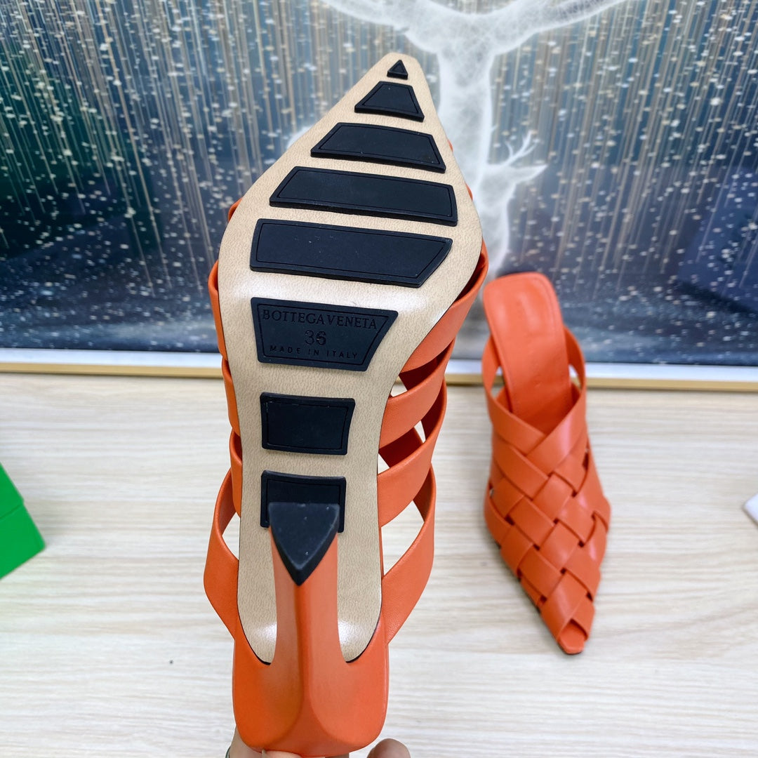 ALFIE LEATHER HIGH MULES IN VIVID ORANGE CALFSKIN WITH WOVEN DESIGN - 34