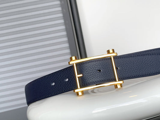HM REVERSIBLE NAVY BLUE LEATHER STRAP 32 MM GOLD HARDWARE - 30