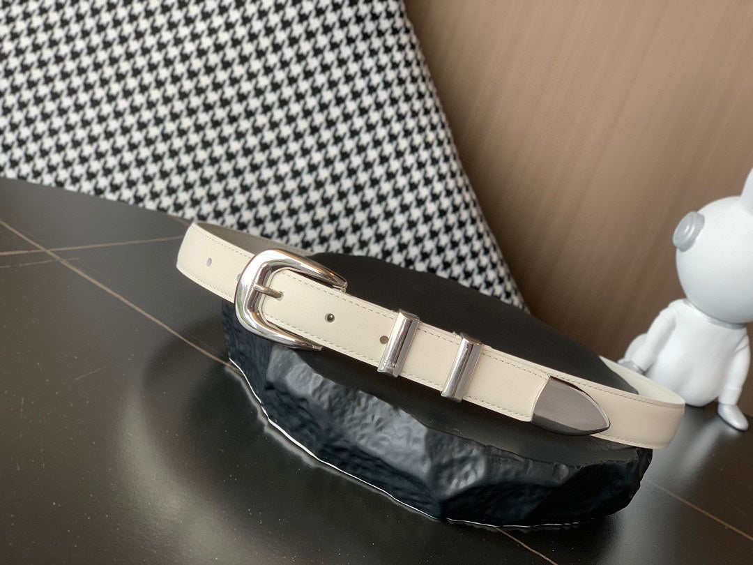 BELT 25MM MEDIUM WESTERN IN IVORY CALFSKIN SILVER GREY BUCKLE - 30