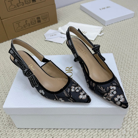 DIOR HIGH SLINGBACK 65 MM 25S IN BLACK FABRIC AND FLORAL PATTERN - 34