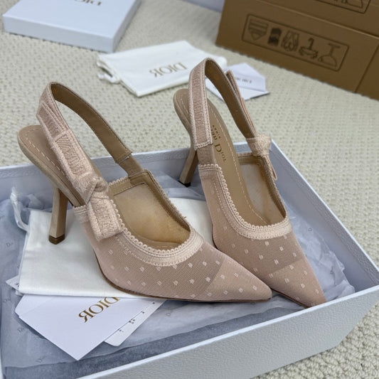 DIOR HIGH SLINGBACK 100 MM 25S IN NUDE LACE NET FABRIC AND SUEDE - 34