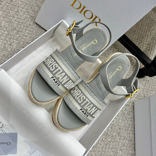 DWAY WEDGE SANDAL 25S 95MM IN GRAY EMBROIDERED COTTON RAFFIA SOLE - 35