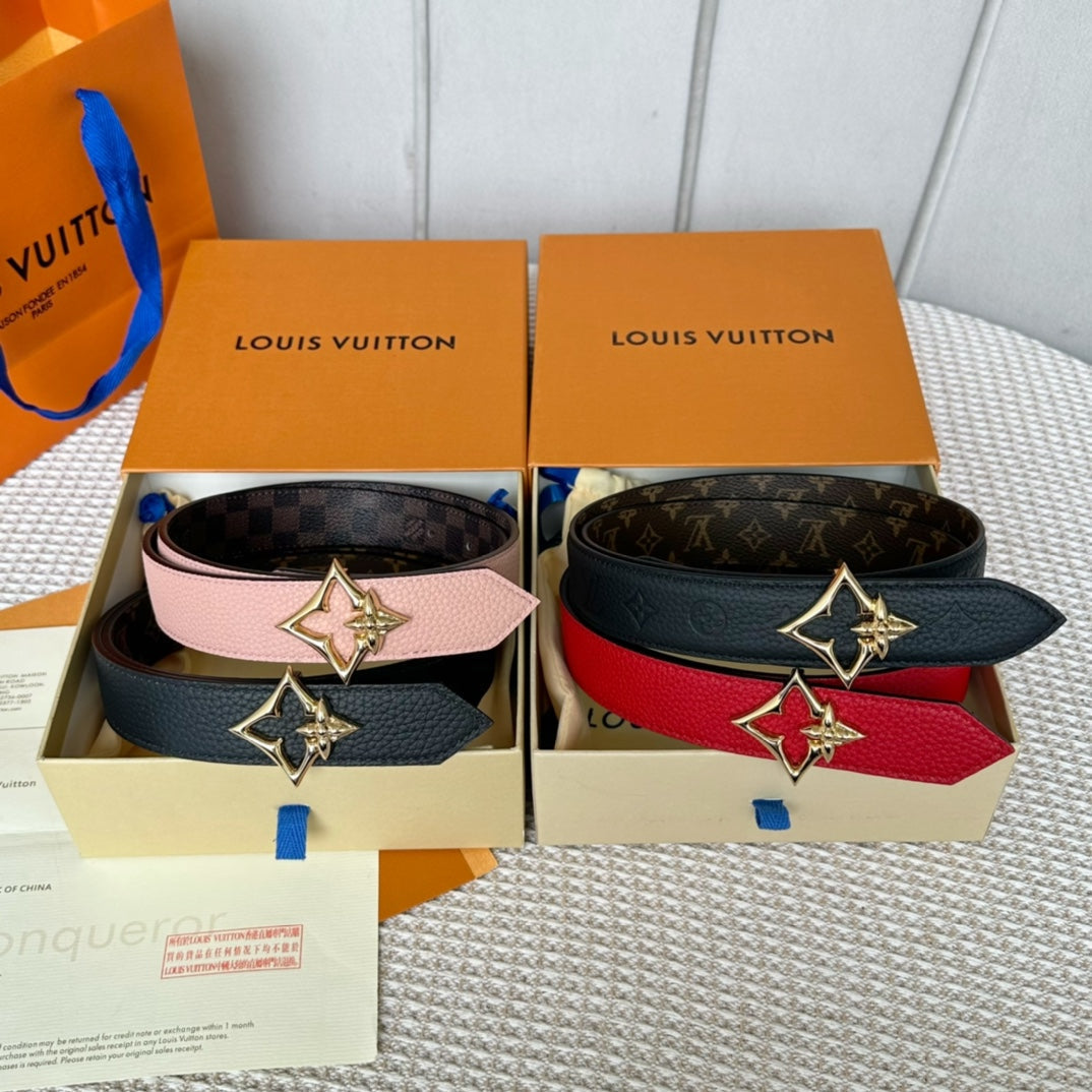 LV FLOWERGRAM 30MM REVERSIBLE BELT IN BLACK CALFSKIN GOLD HARDWARE - 30