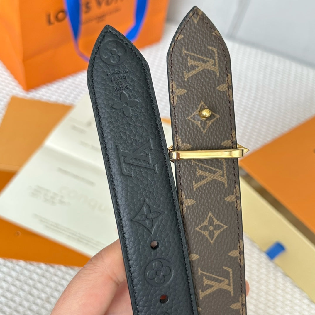 LV FLOWERGRAM 30MM REVERSIBLE BELT IN BLACK EMBOSSED CALFSKIN GOLD HARDWARE - 30