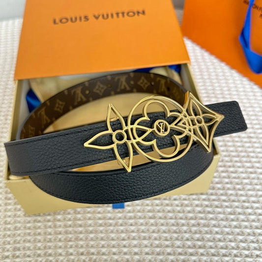 РЕМІНЬ LV MEDIUM 25 ММ З ЧОРНОЇ ТЕЛЯЧОЇ ШКІРИ І ЗОЛОТИСТОЮ ФУРНІТУРОЮ - 30
