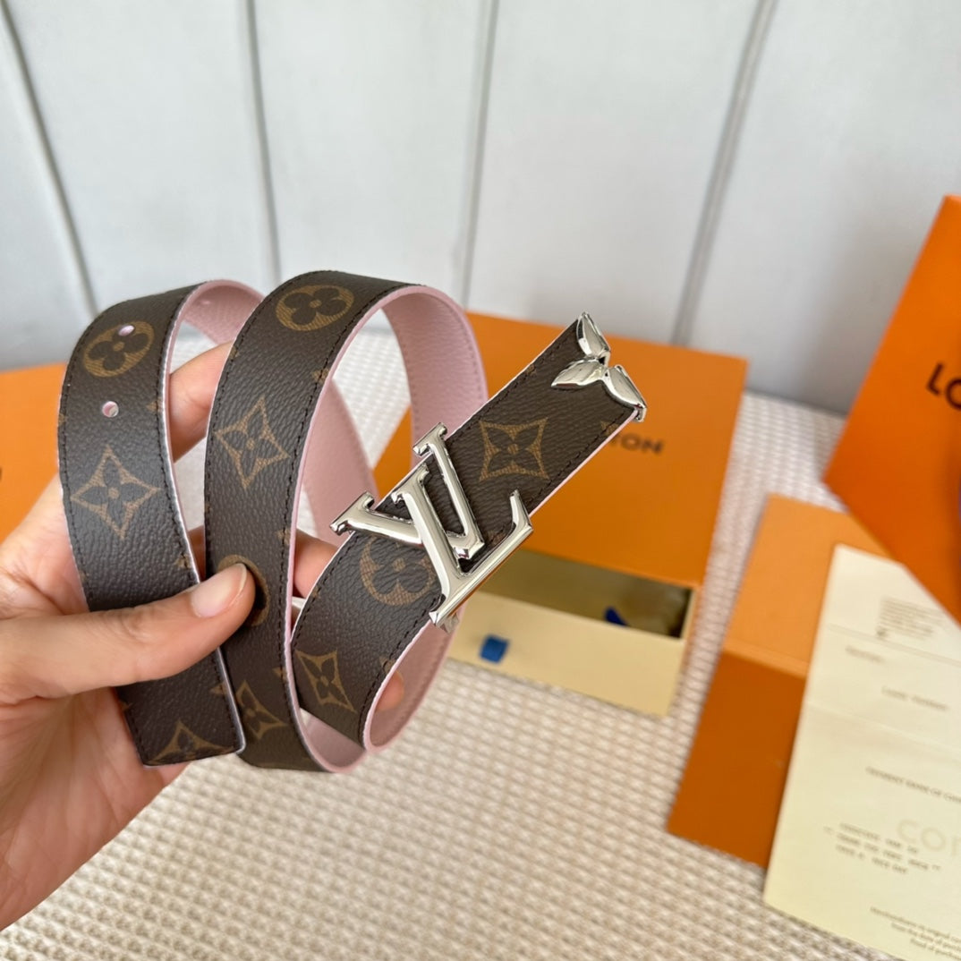 PRETTY LV 30MM REVERSIBLE BELT IN LIGHT PINK CALFSKIN SILVER HARDWARE - 30