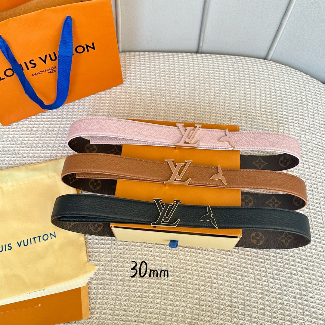 Pretty LV 30mm Reversible Belt Tan Gold Buckle Tan Brown Leather - 30