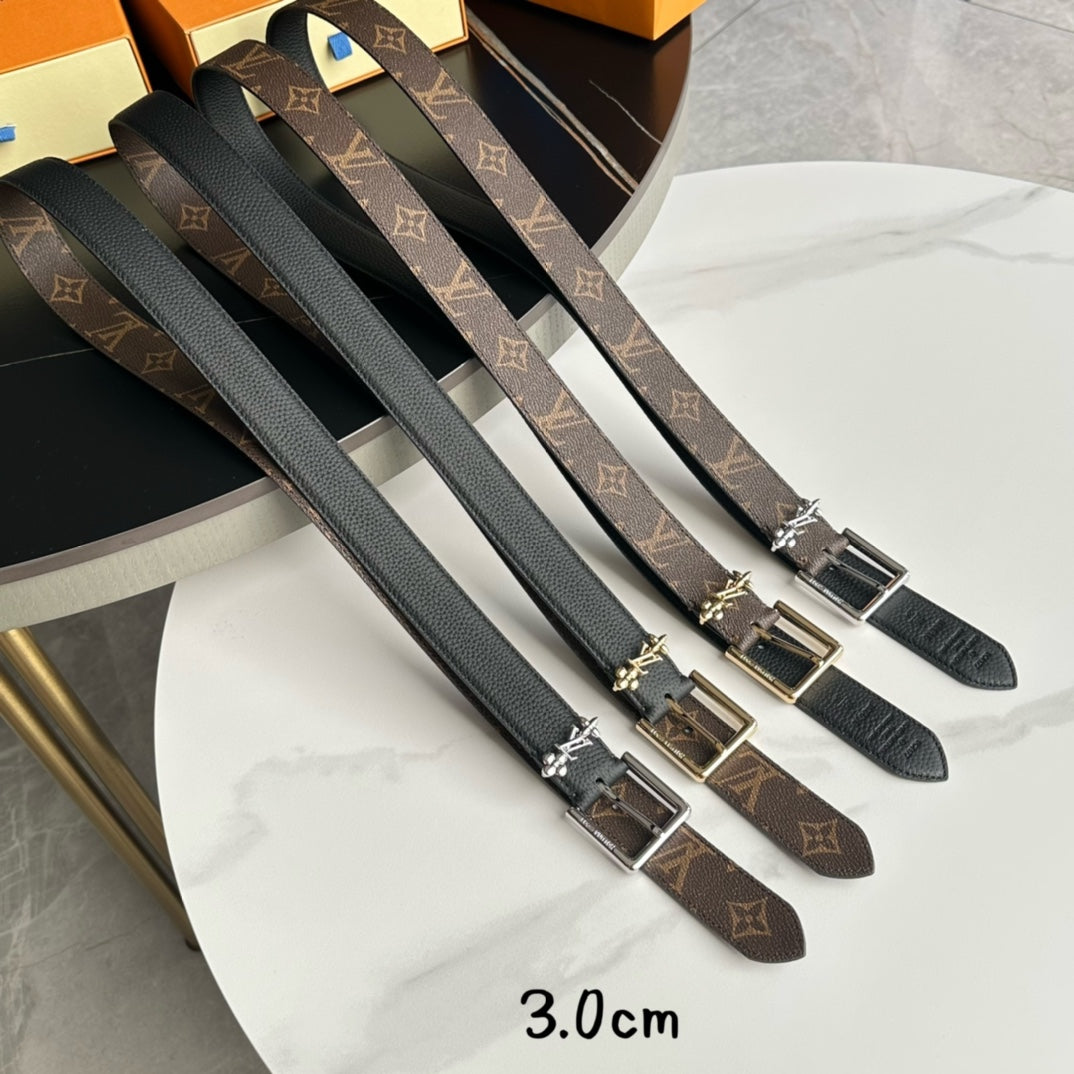 LV Bloom 30mm Belt Gold Buckle Black Brown Leather - 30