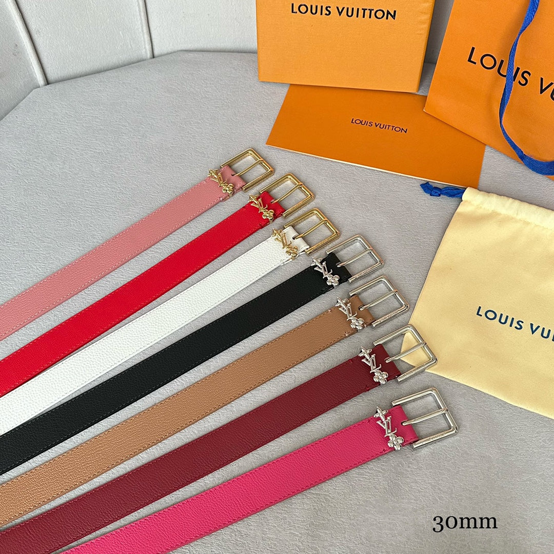 LV Bloom 30mm Belt Gold Buckle White Brown Leather - 30