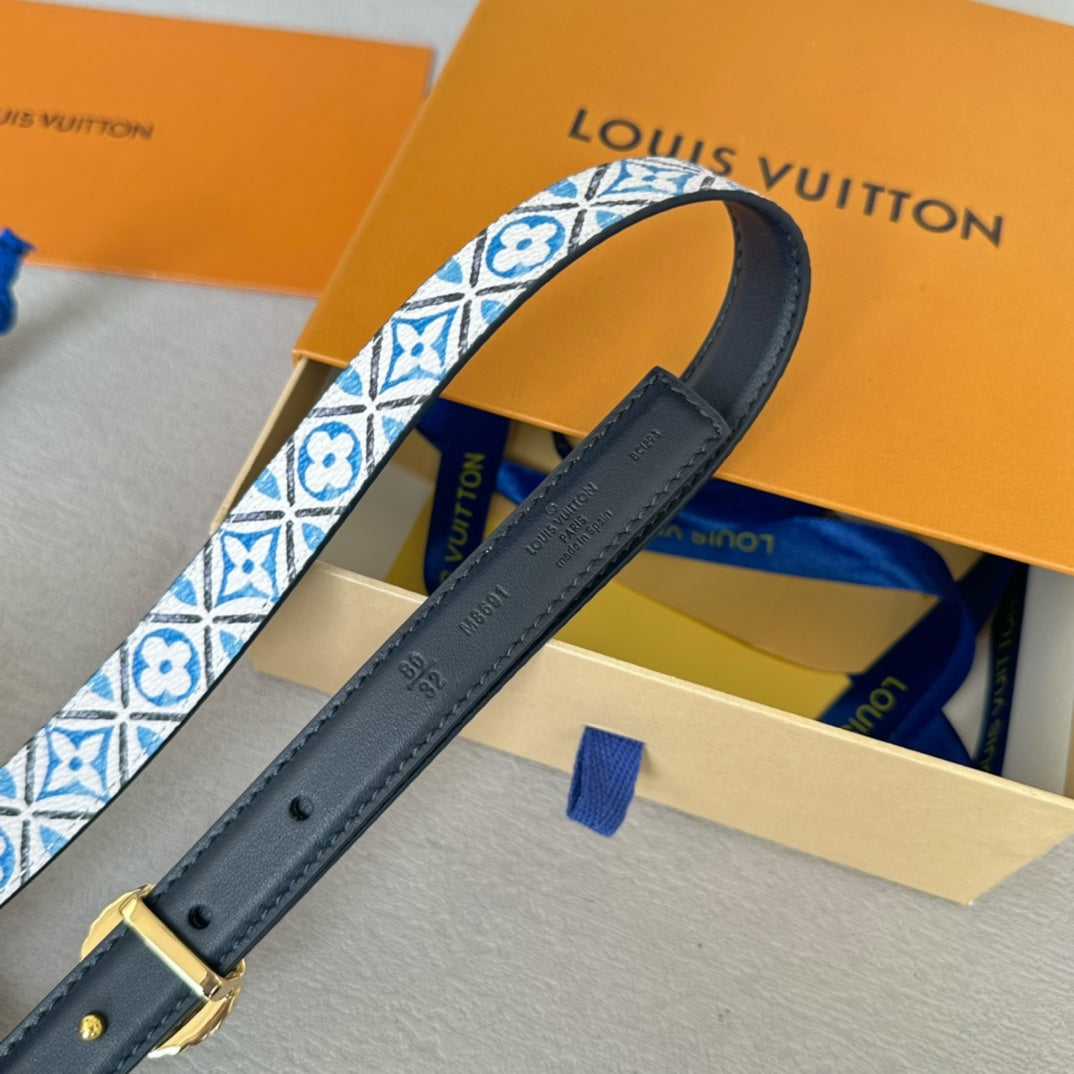 LV Circle Nautical 20mm Reversible Belt Gold Buckle Black White Blue Lambskin - 30