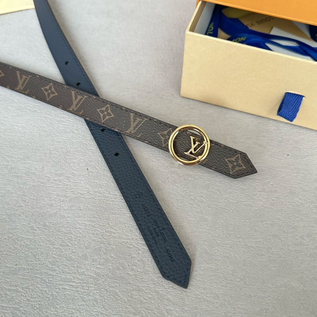 LV Circle 20mm Reversible Belt Gold Buckle Navy Blue Brown Leather - 30
