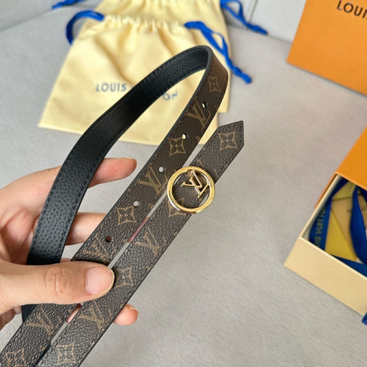 LV Circle 20mm Reversible Belt Gold Buckle Black Brown Leather - 30