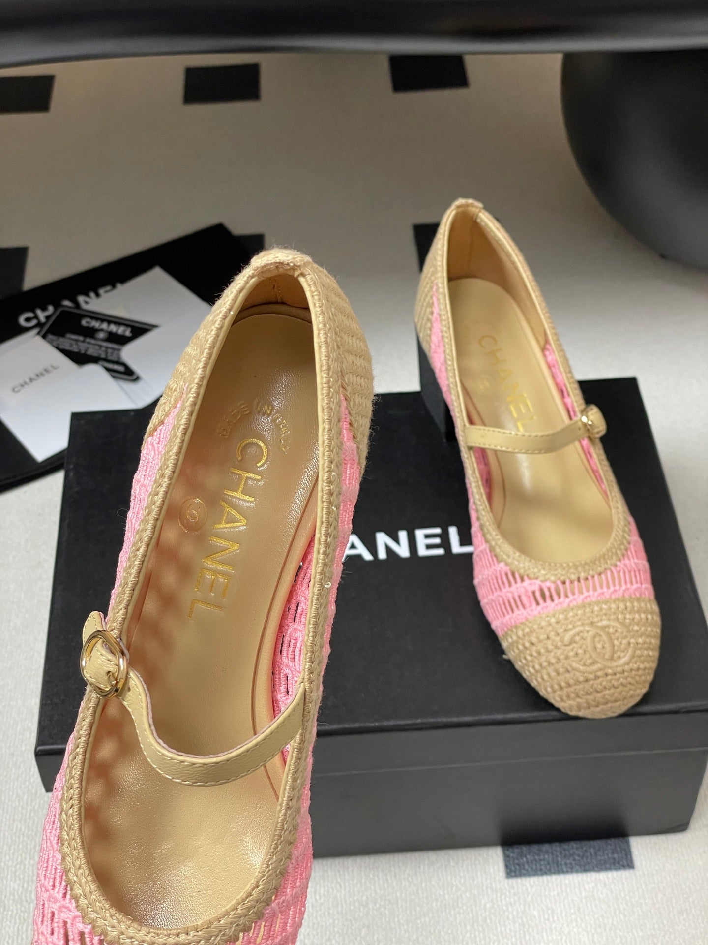 HIGH BALLET MARY JANE 50MM IN NATURAL BEIGE AND PINK RAFFIA - 34