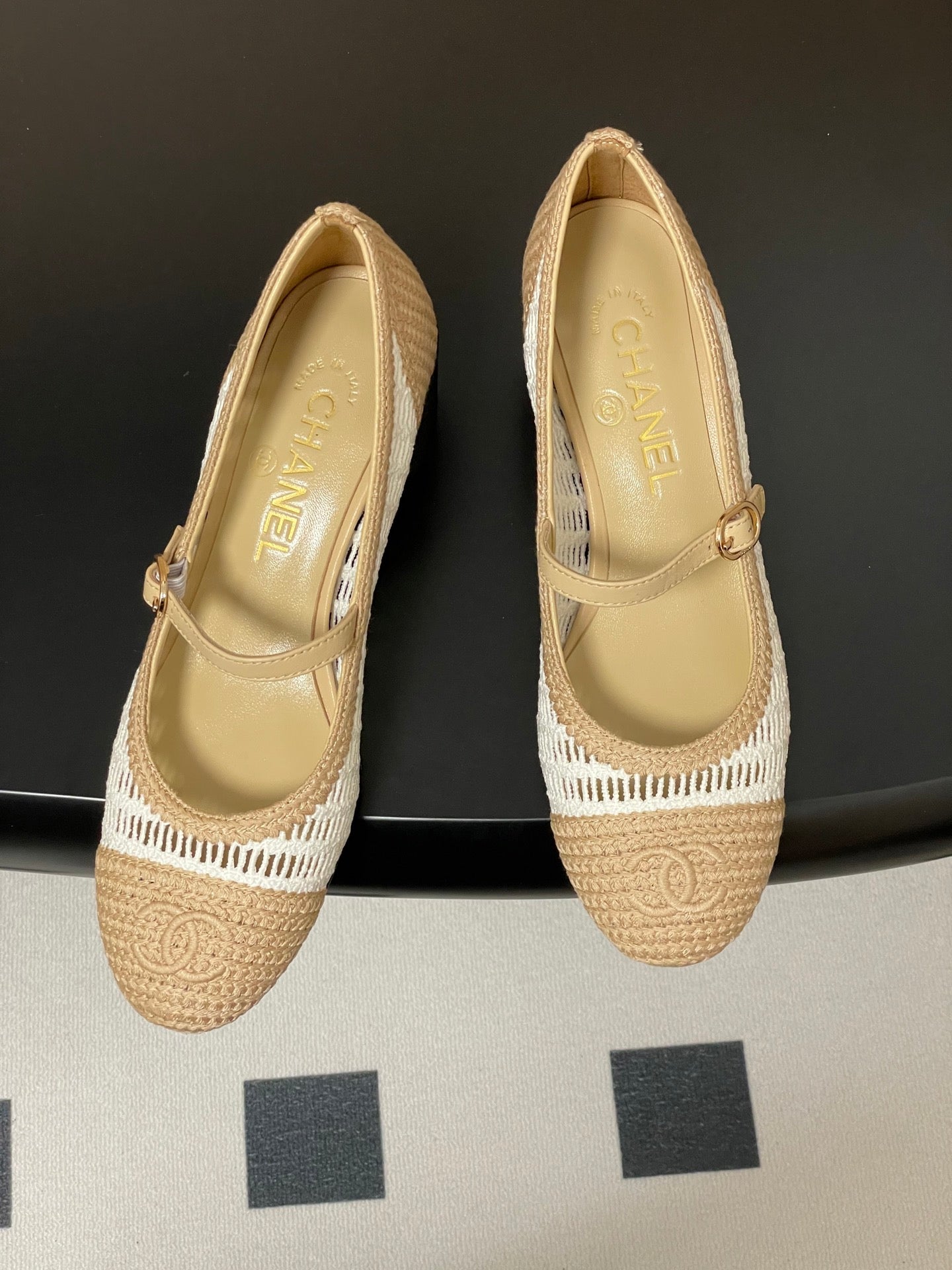 HIGH BALLET MARY JANE 50MM IN NATURAL BEIGE AND WHITE RAFFIA - 34