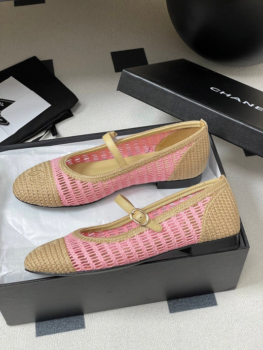 BALLET MARY JANE 10MM IN NATURAL BEIGE AND PINK RAFFIA - 34