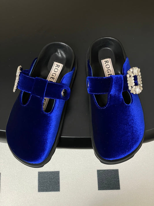 ROGER VIVIER 25S VIV' RANGERS MULES IN DARK BLUE VELVET EMBELLISHED CRYSTALS - 35