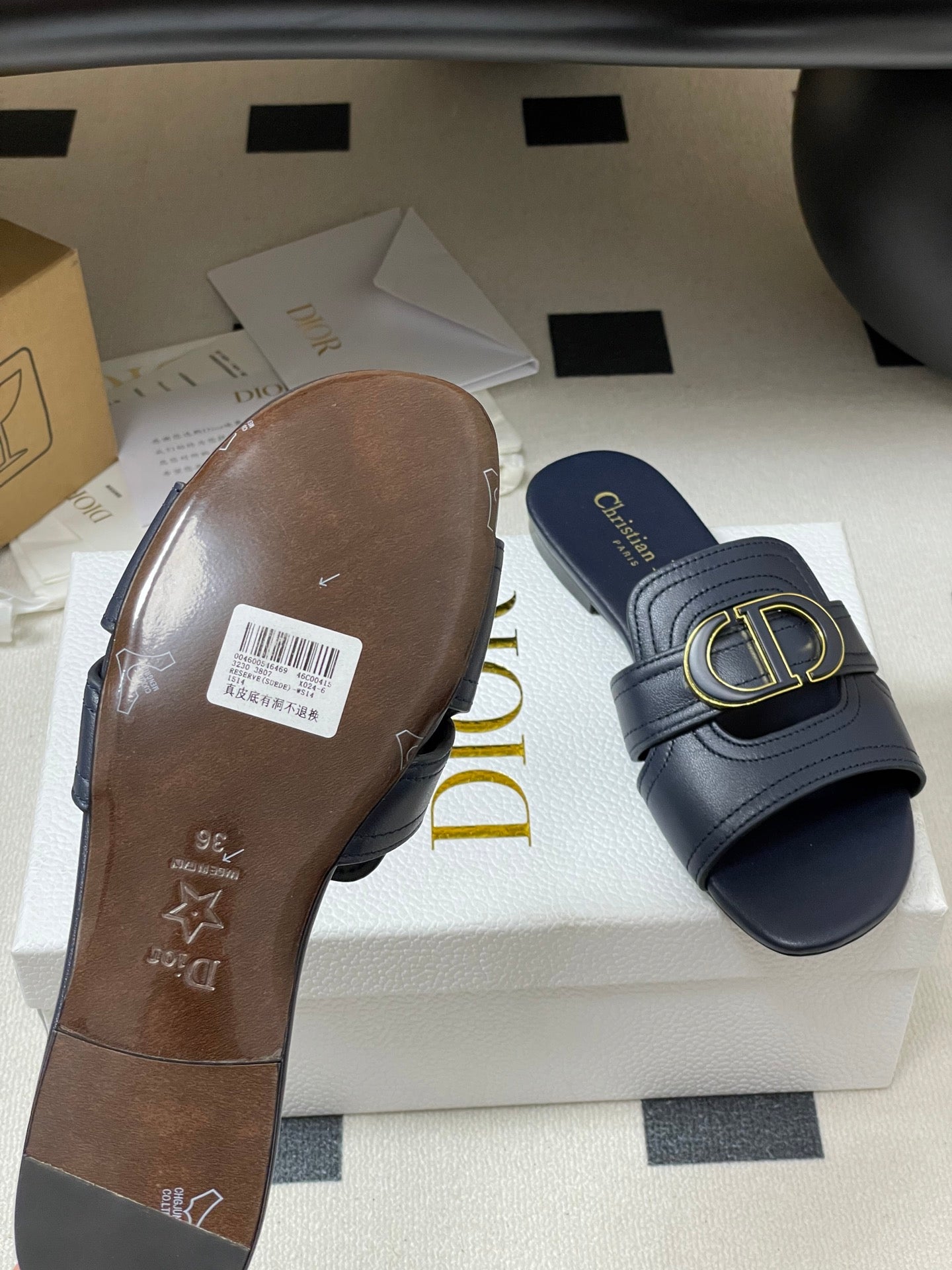 DIOR CLASSIC MONTAIGNE SANDALS 25S IN MIDNIGHT BLUE LAMBSKIN WITH CD LOGO - 34