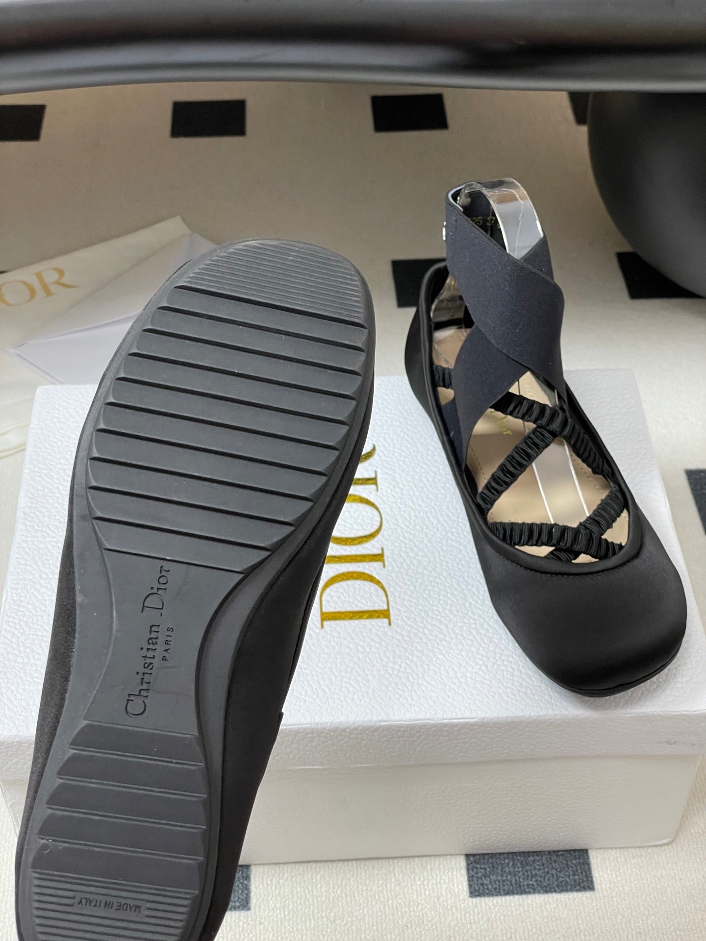 DIOR STRETCH BALLET FLATS 25S IN BLACK FABRIC WITH CROSSED STRAPS - 35
