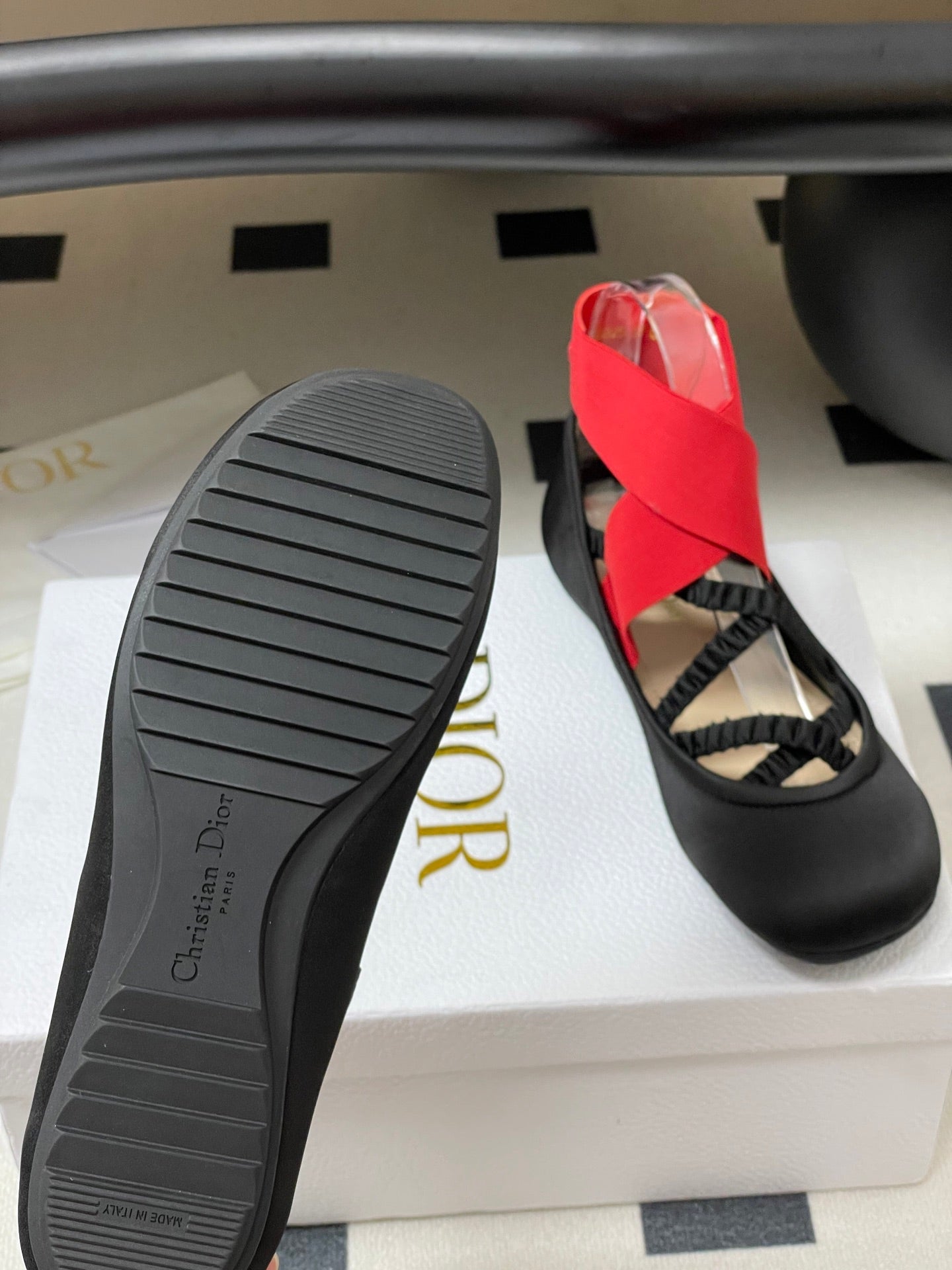 DIOR STRETCH BALLET FLATS 25S IN BLACK MIX RED FABRIC WITH CROSSED STRAPS - 35