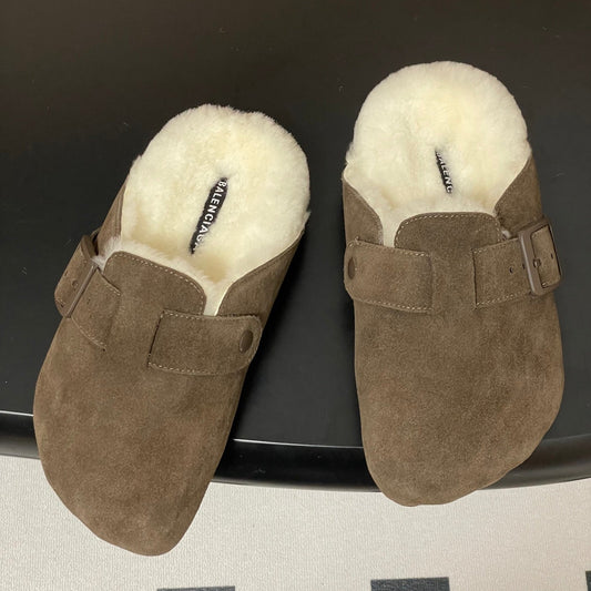 BALENCIAGA 25S FUR-LINED MULES IN DARK EARTH BROWN FAUX LEATHER - 35