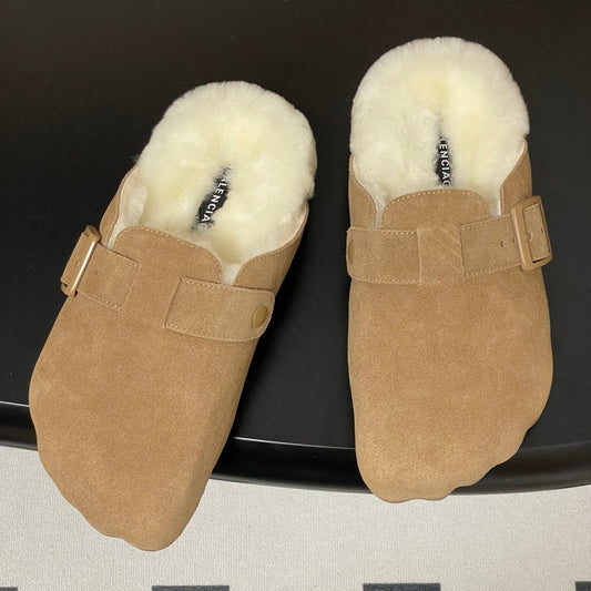 BALENCIAGA 25S FUR-LINED MULES IN LIGHT BROWN FAUX LEATHER - 35