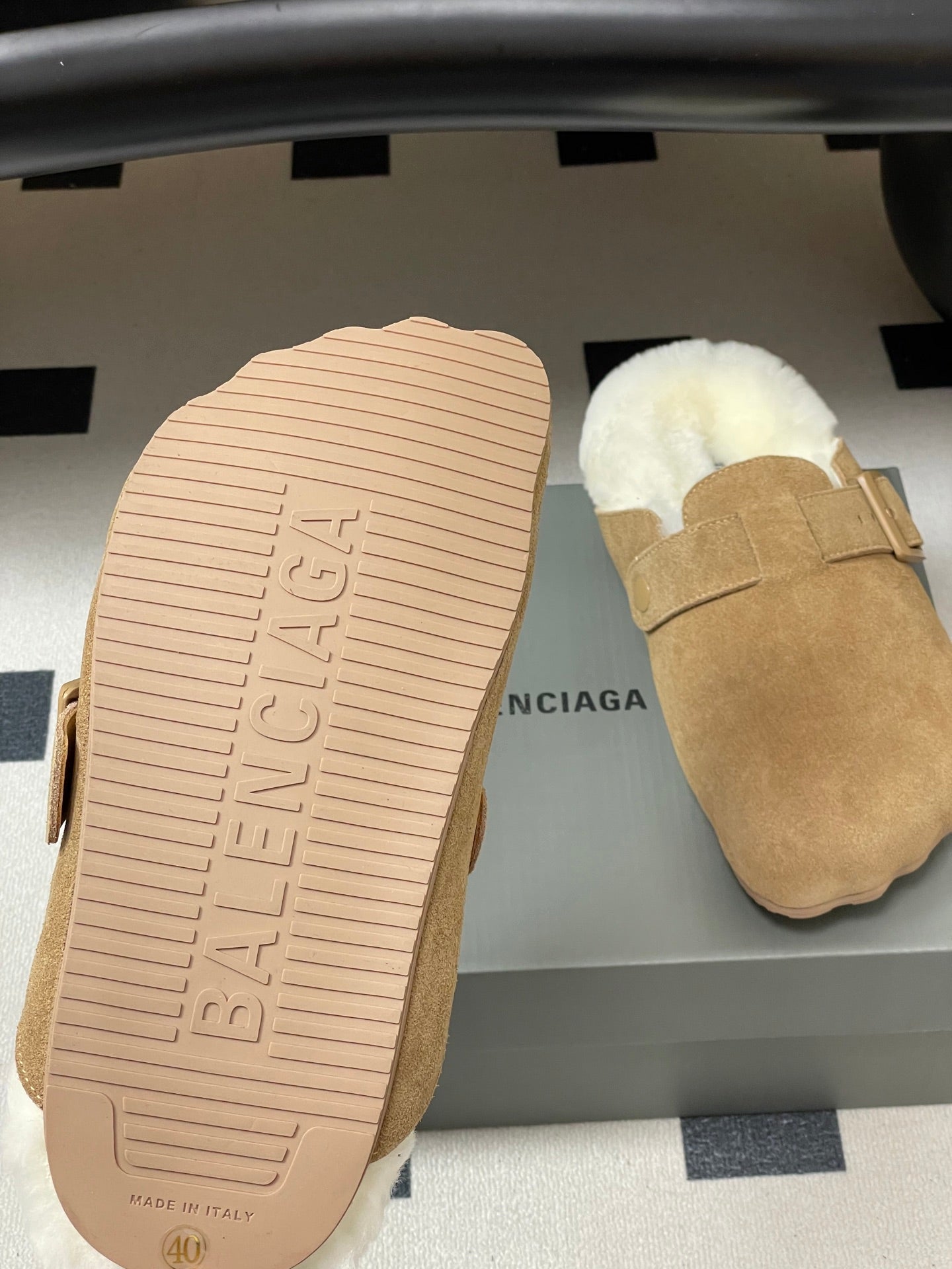 BALENCIAGA 25S FUR-LINED MULES IN LIGHT BROWN FAUX LEATHER - 35