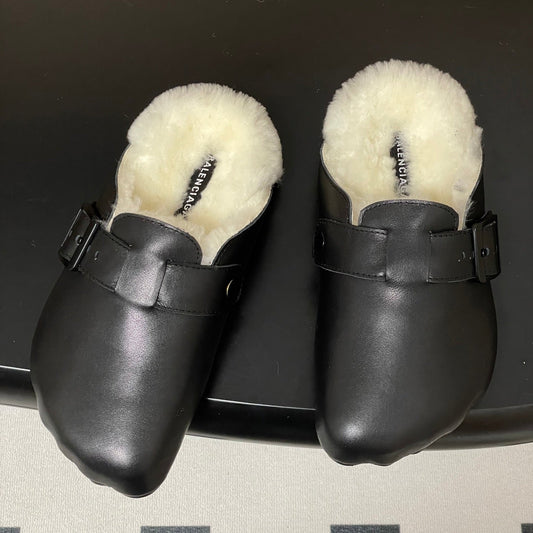 BALENCIAGA 25S FUR-LINED MULES IN BLACK FAUX LEATHER - 35