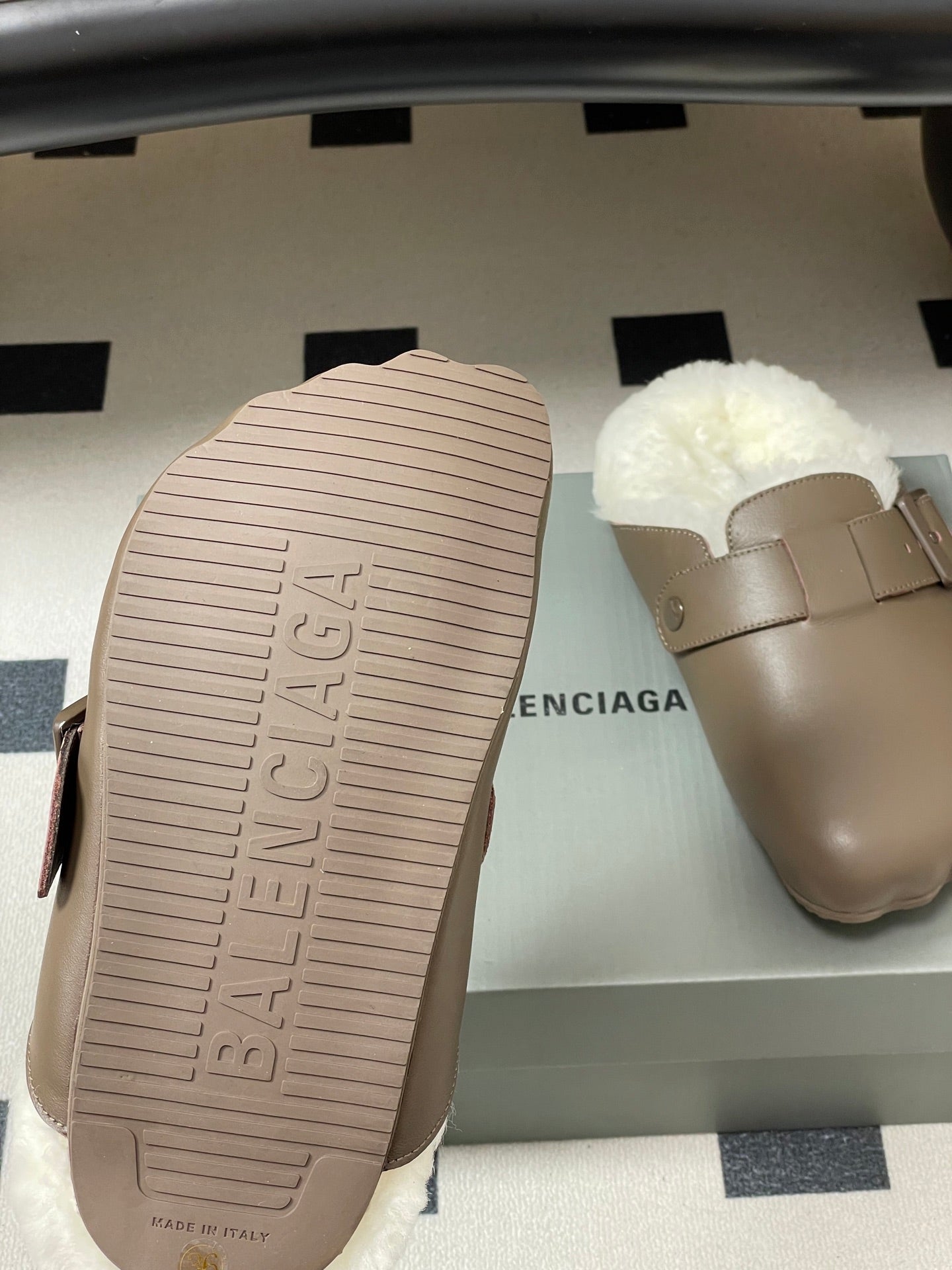 BALENCIAGA 25S FUR-LINED MULES IN TAUPE GRAY FAUX LEATHER - 35
