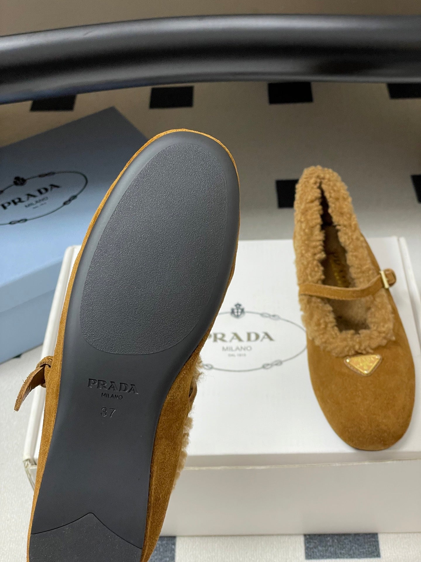 PRADA 25S MARY JANE FLATS IN DARK WALNUT BROWN SUEDE WITH GOLD HARDWARE - 35