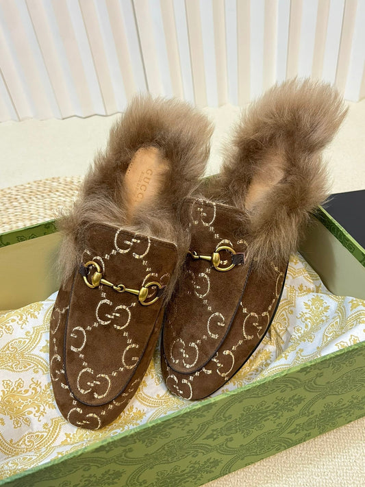 HORSEBIT MULE IN COCOA BROWN MONOGRAM VELVET AND LAMB WOOL LINING - 35