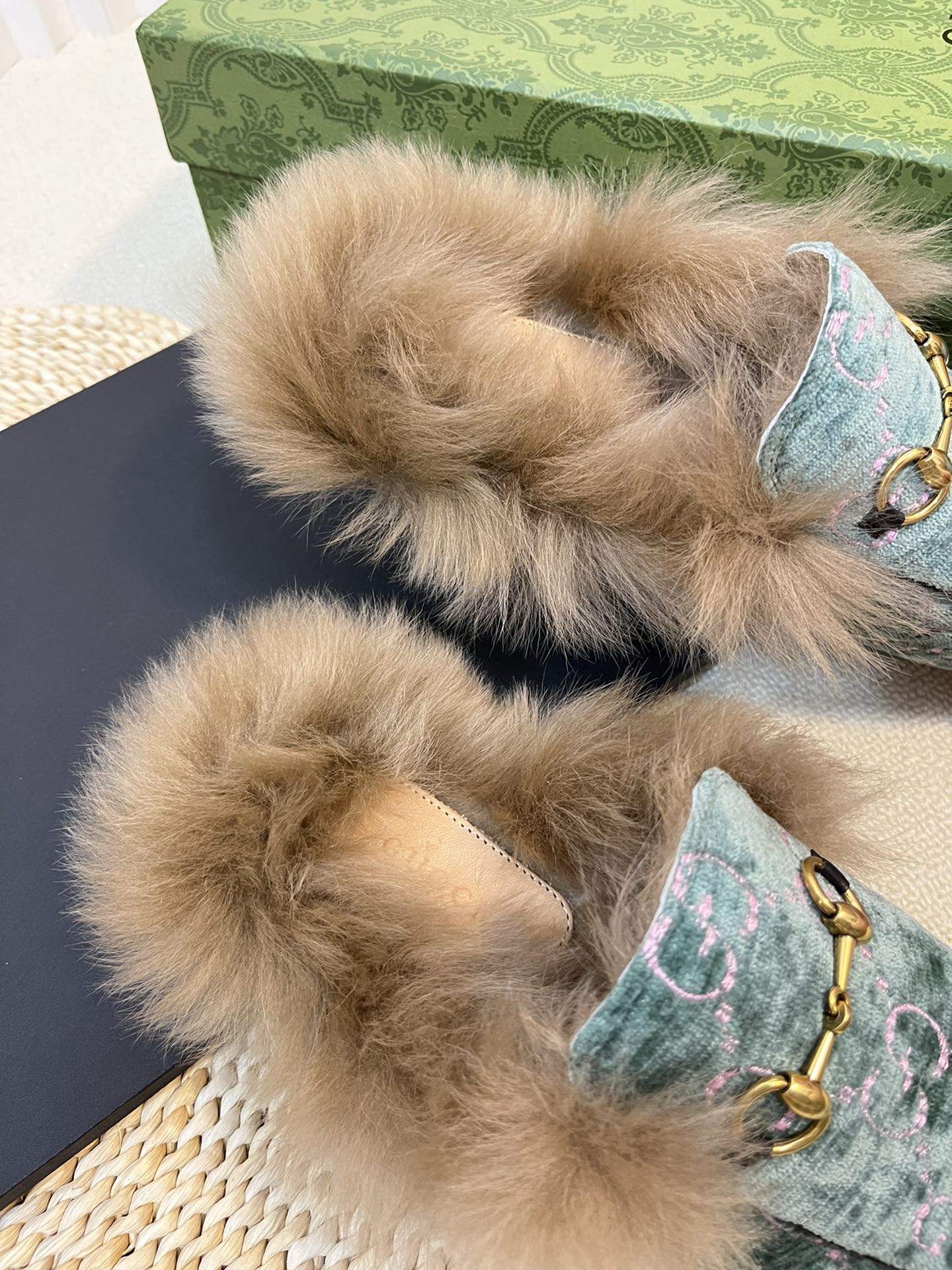 HORSEBIT MULE IN TURQUOISE MONOGRAM VELVET AND LAMB WOOL LINING - 35