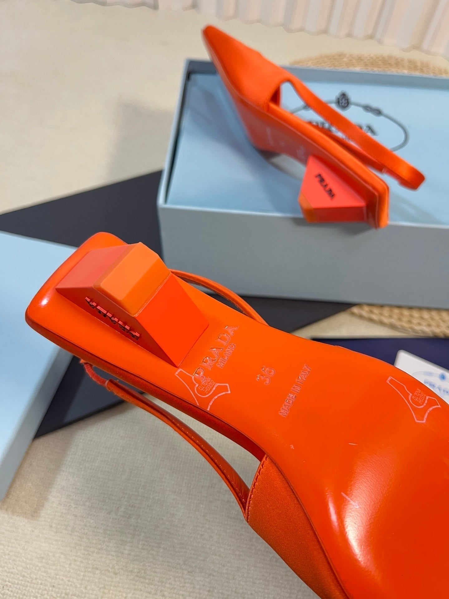PRA SQUARE TOE SLINGBACK PUMPS BRIGHT ORANGE SATIN - 35