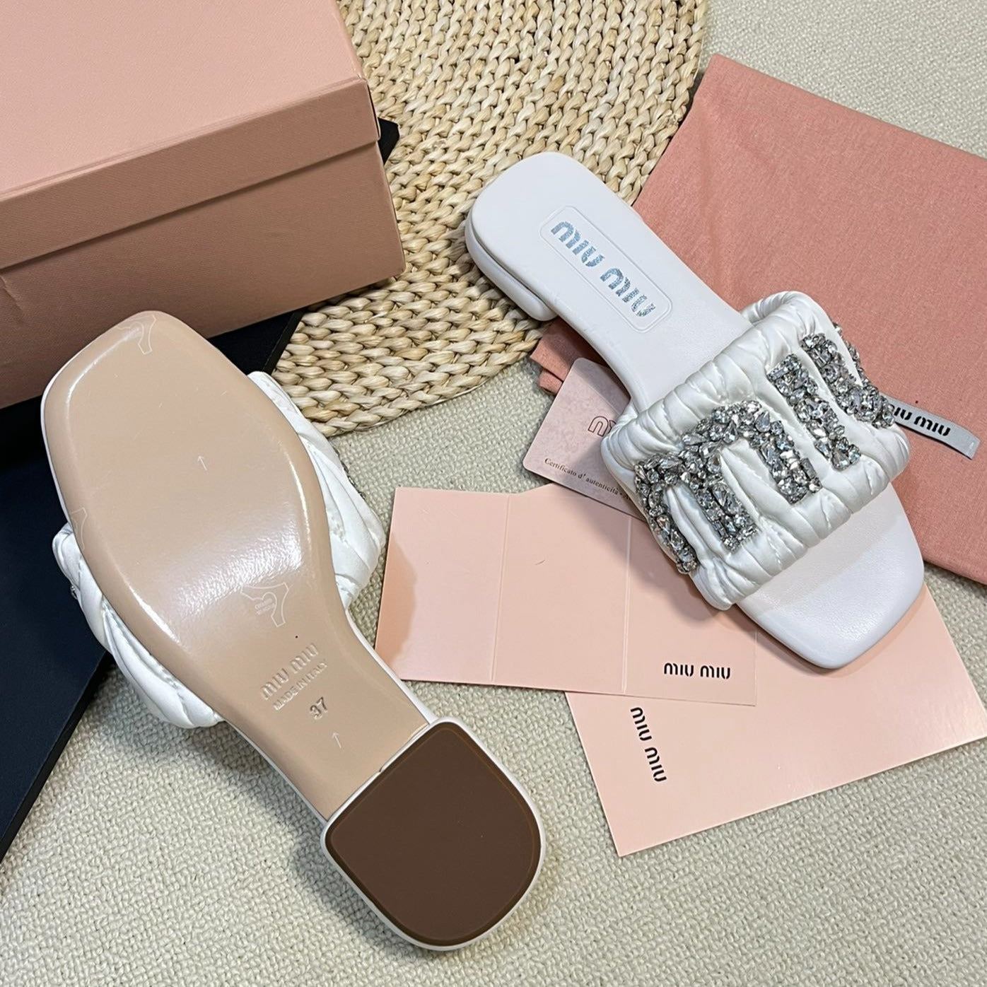 Women's White Leather Diamond Slippers - 35