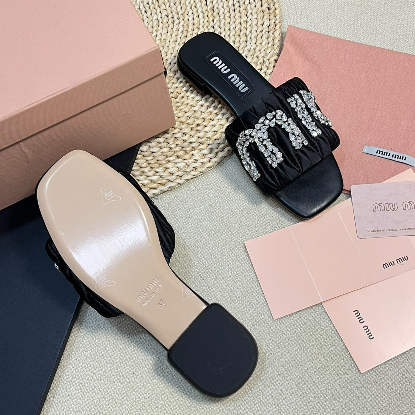 Women's Black Leather Diamond Slippers - 35