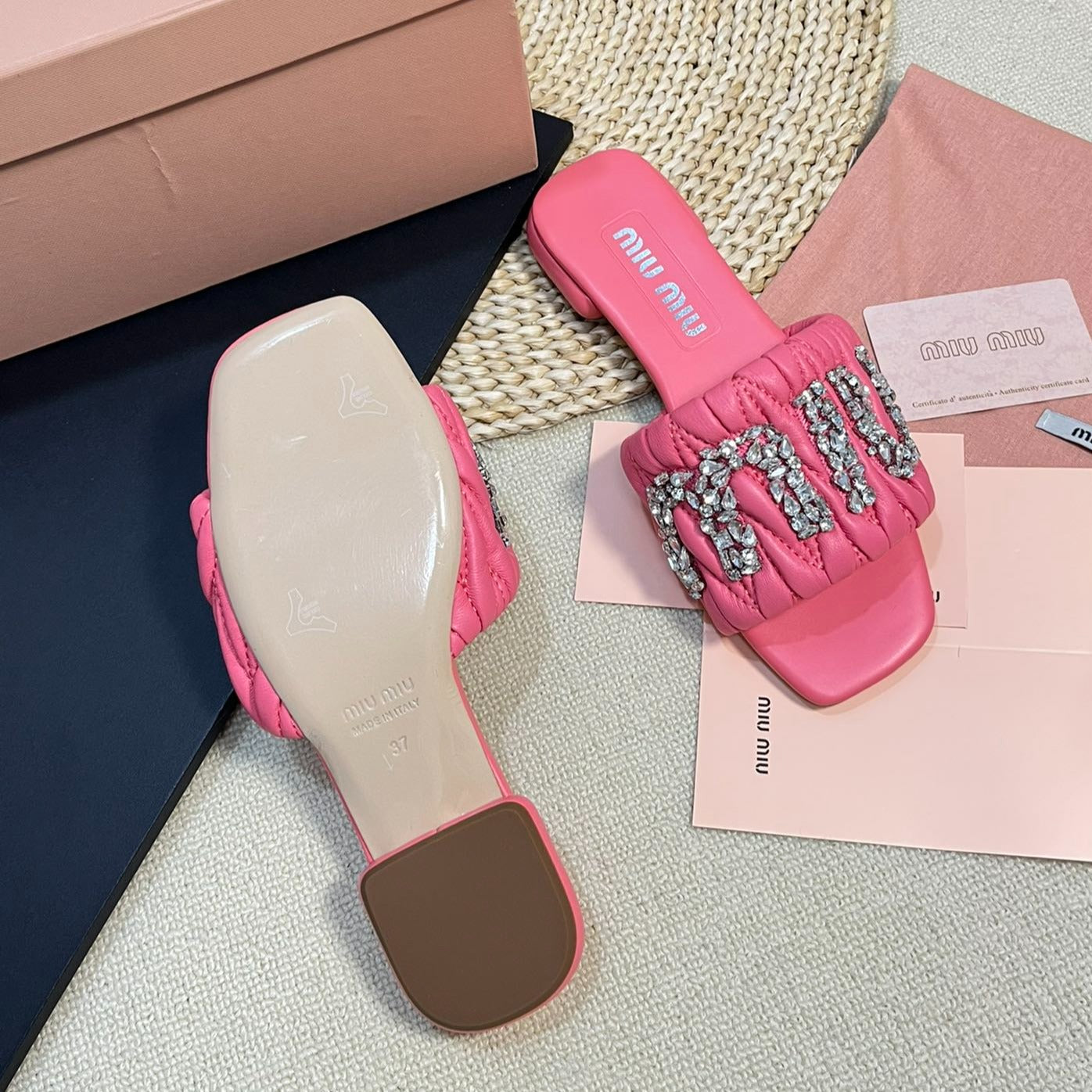 Women's Neon Pink Leather Diamond Slippers - 35