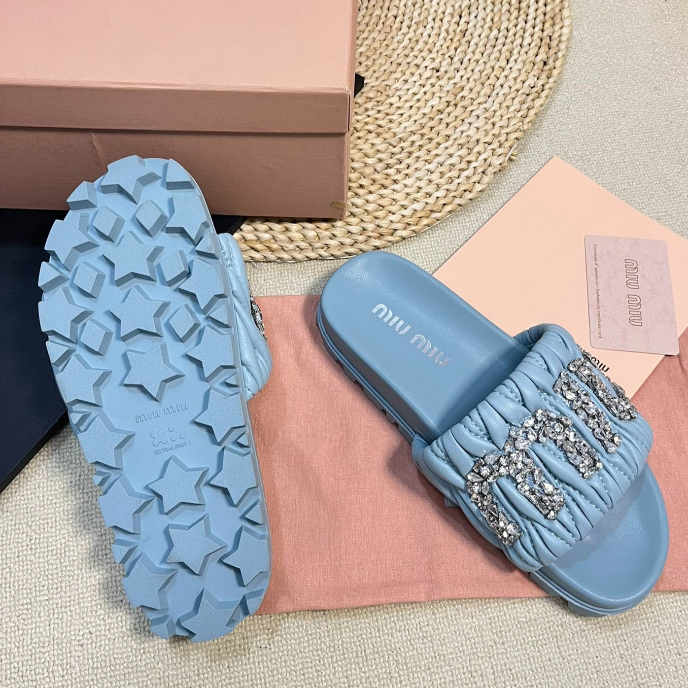 Sky Blue Sheepskin Diamond Slippers - 35