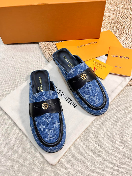 LV CAPRI OPEN BACK LOAFERS IN COBALT BLUE MONOGRAM DENIM - 35