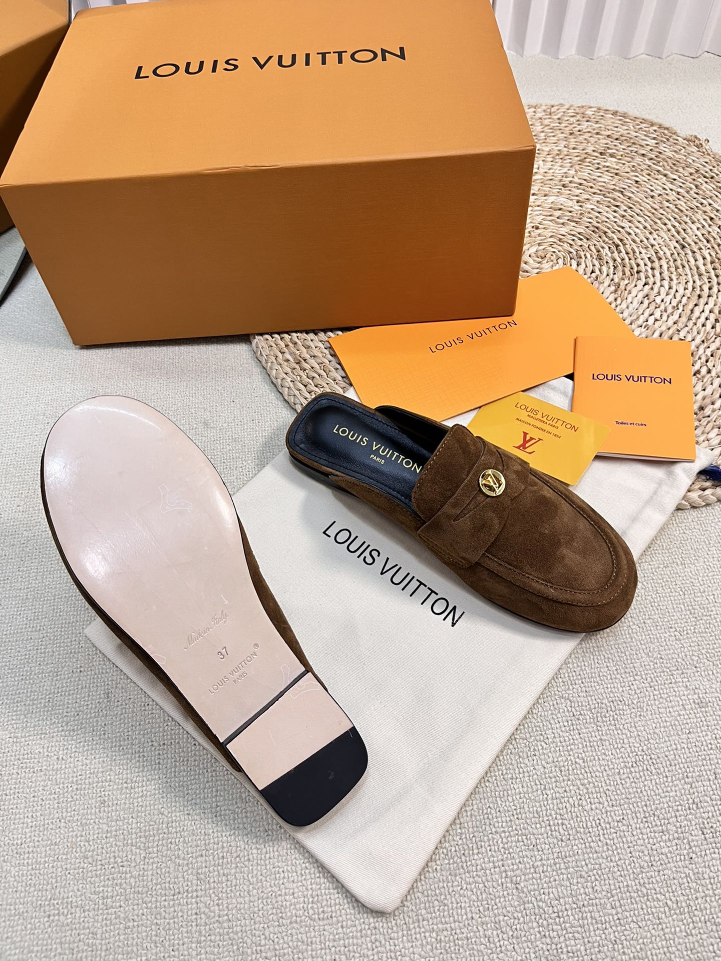 LV CAPRI OPEN BACK LOAFERS IN CHOCOLATE BROWN SUEDE - 35