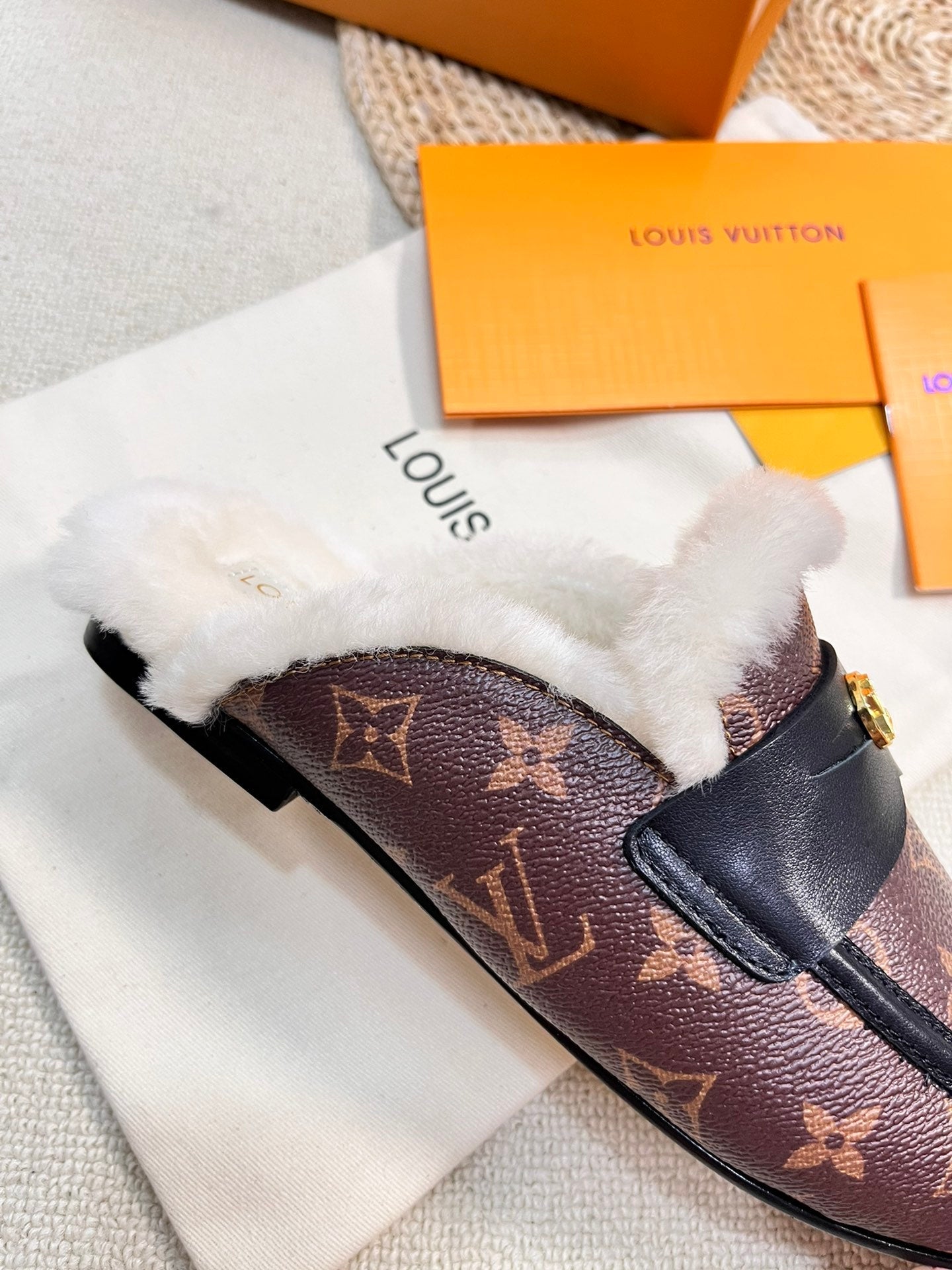 FLAT MULE IN CHESTNUT BROWN MONOGRAM CALFSKIN AND SHEARLING LINING - 35