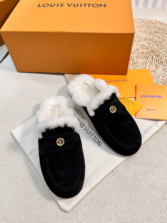 Жіночі капці LV COSY COMFORT CLOG зі шкіри та замші, чорні - 35