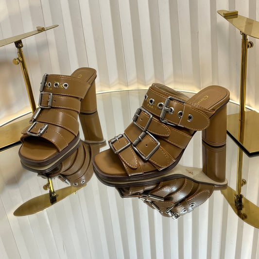 PUNK HEEL SLIDES 25S 80MM IN BROWN CALFSKIN - 34