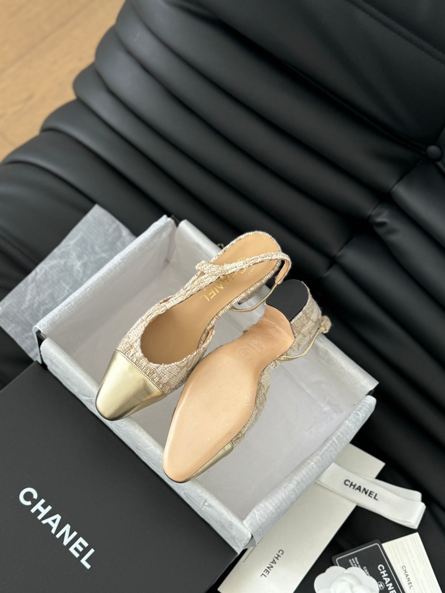 HIGH SLINGBACK IN BEIGE CREAM TWEED AND GOLDEN LAMBSKIN - 35