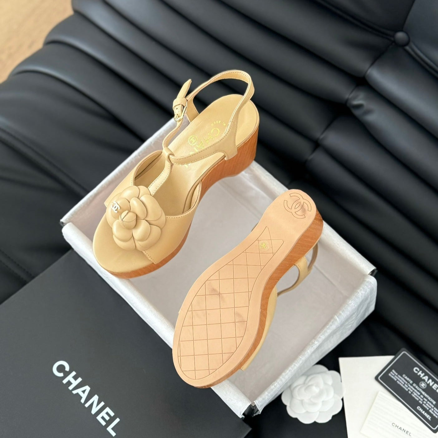 Double C New Wood Grain Platform Sandal Tan Brown Lambskin - 35