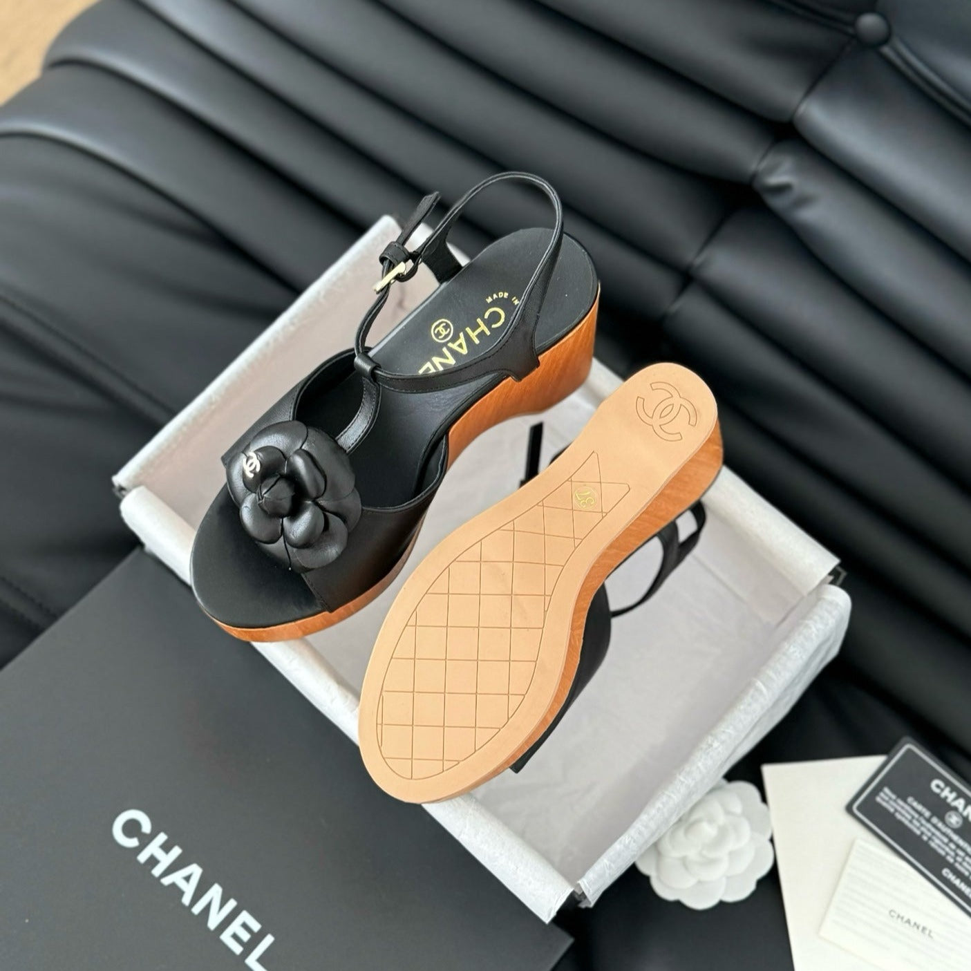 Double C New Wood Grain Platform Sandal Black Lambskin - 35