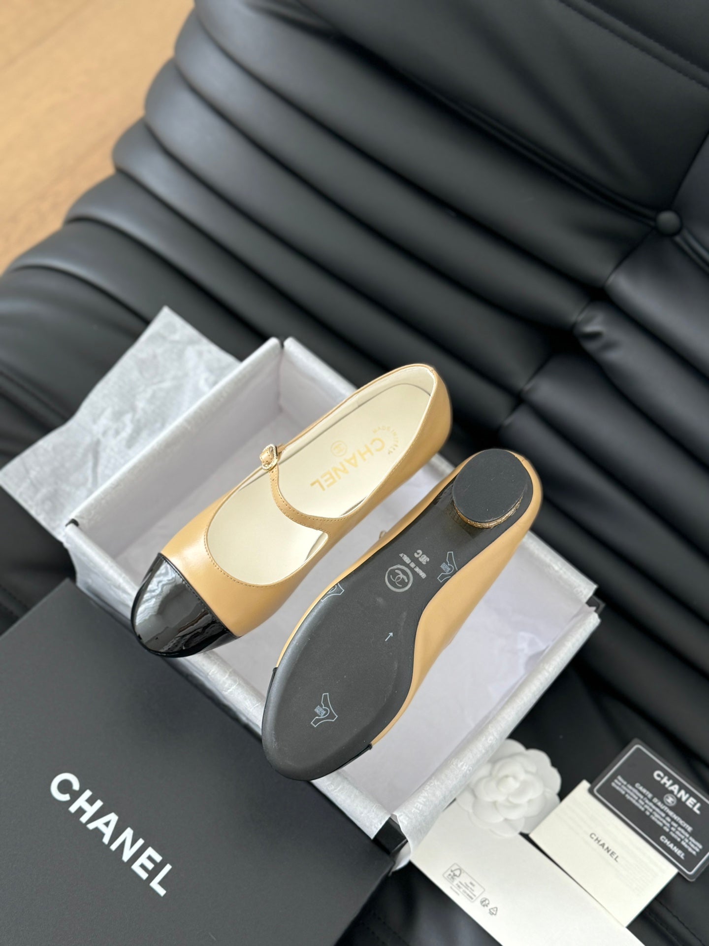 CC MARY JANE SHOES IN SEPIA BEIGE MIX BLACK LAMBSKIN WITH GOLD HARDWARE - 35